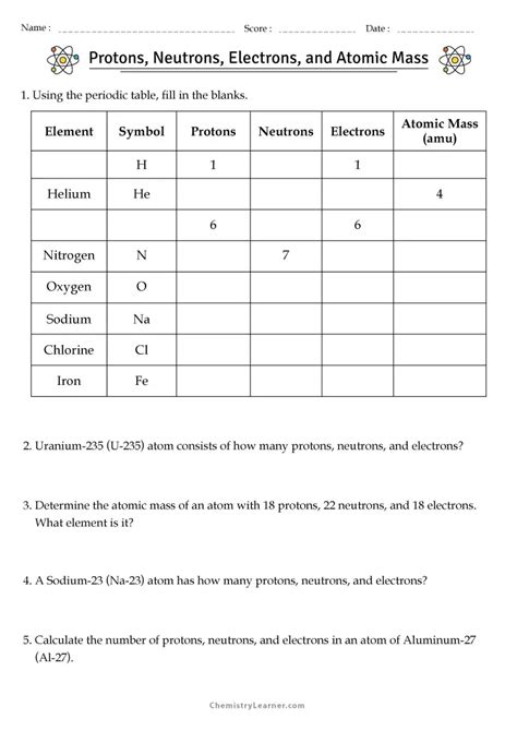 protons neutrons and electrons practice worksheet